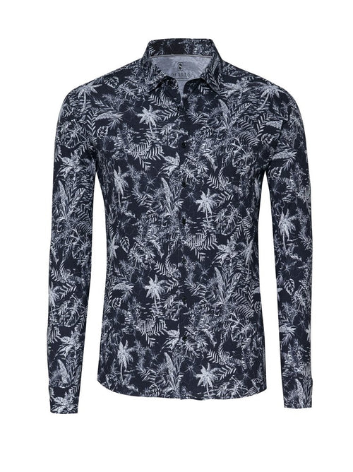 Desoto Kent Collar Palm Tree Long Sleeve Shirt - Navy