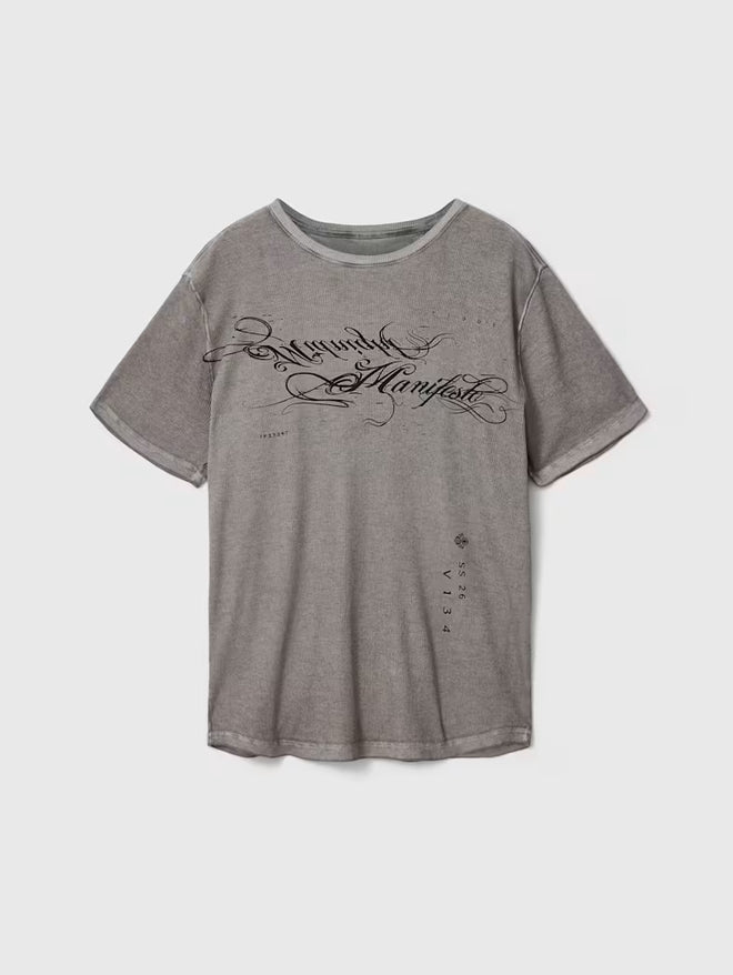 The Manifesto Graphic T-Shirt is crafted in Peru from a cotton and lyocell blend, giving it a soft hand feel. The ribbed fabrication adds structure, while a unique wash lends character and depth. 
