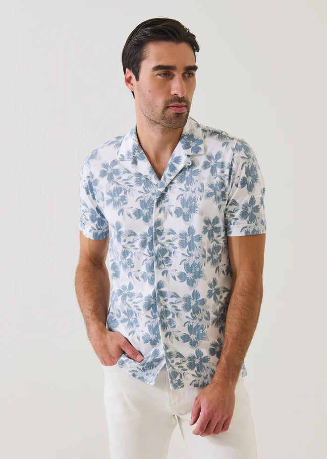 PATRICK ASSARAF STRETCH TROPICAL PRINT CAMP COLLAR SHIRT
