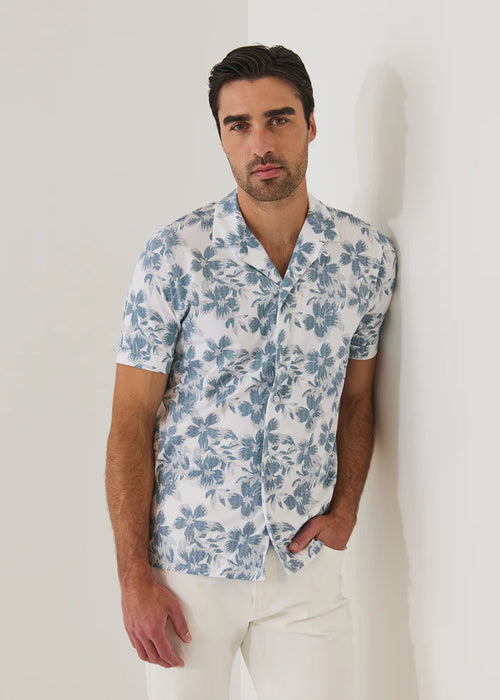 PATRICK ASSARAF STRETCH TROPICAL PRINT CAMP COLLAR SHIRT
