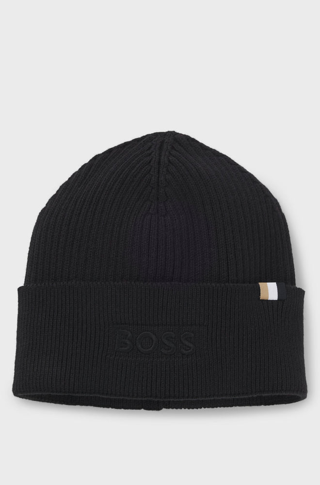 Boss Cotton and wool beanie with signature stripe detail