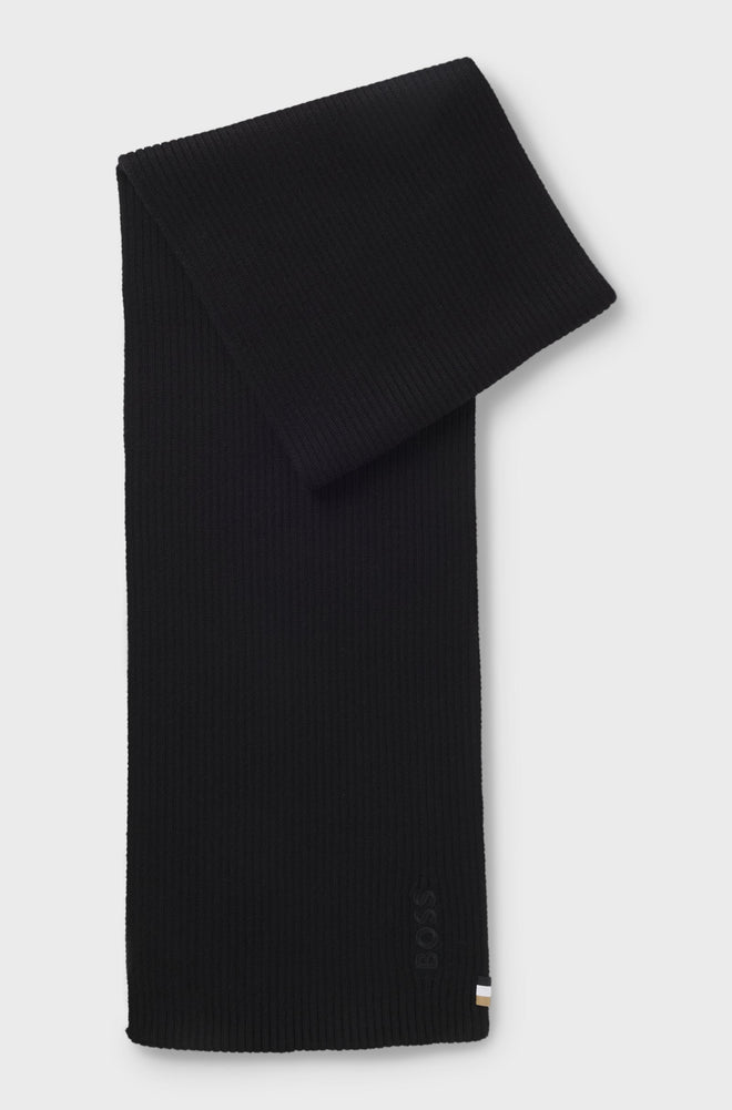 Boss Rib-knit wool-blend scarf with tonal logo