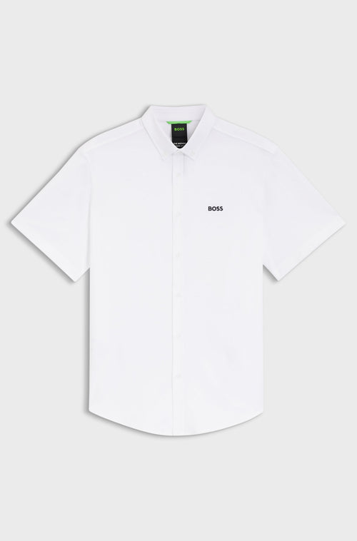 Stay comfortable in this wrinkle-resistant BOSS jersey shirt. Made with 80% regenerative cotton for natural stretch, a regular fit, and an embroidered logo.