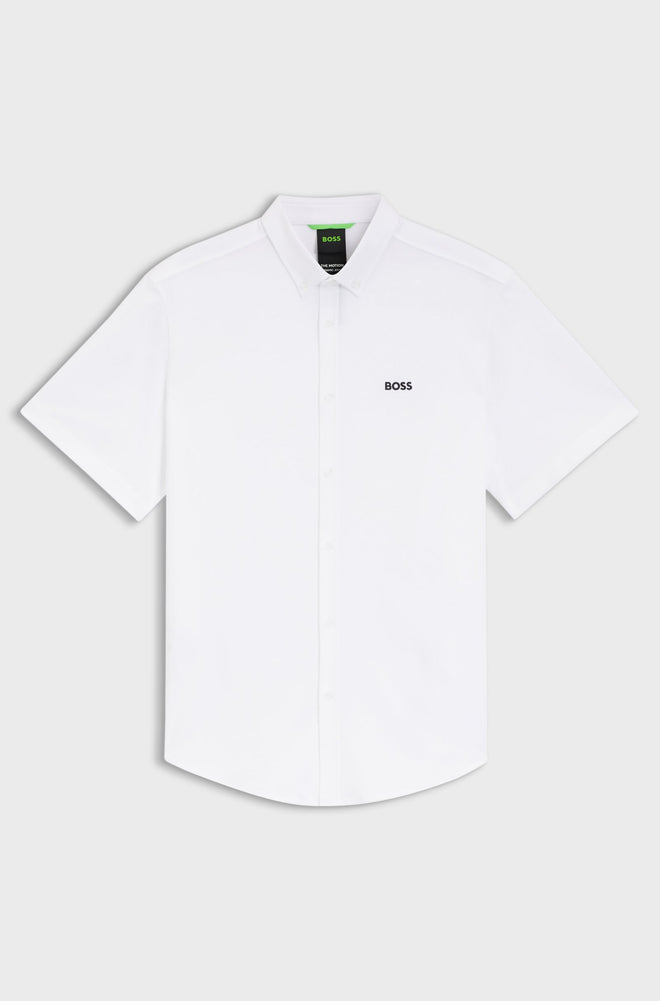 Stay comfortable in this wrinkle-resistant BOSS jersey shirt. Made with 80% regenerative cotton for natural stretch, a regular fit, and an embroidered logo.