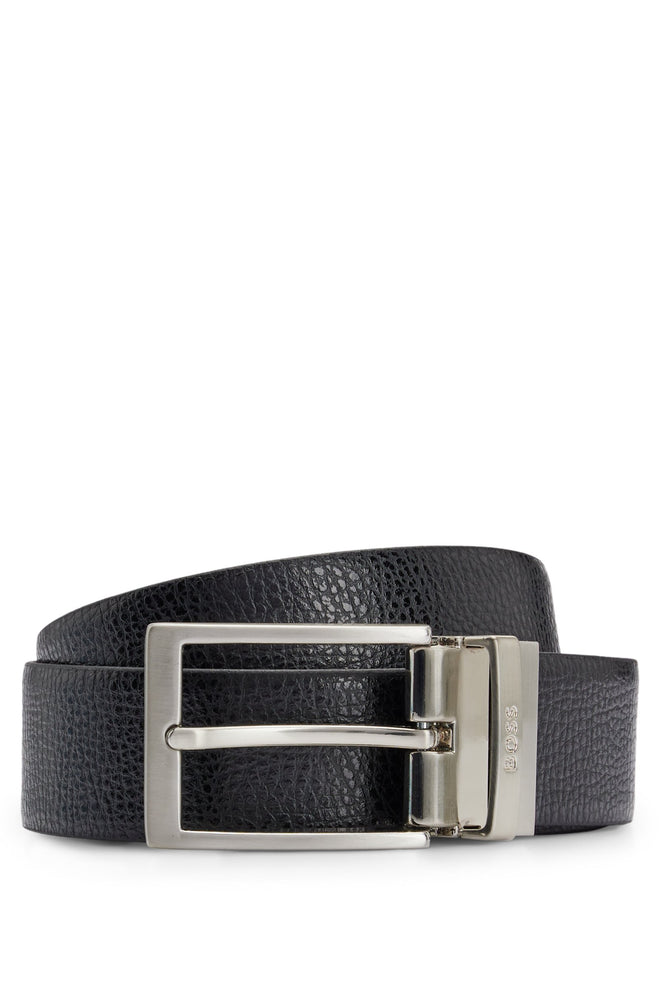 Crafted from exceptional Italian leather, this BOSS belt features brushed silver hardware and an engraved logo loop. Made with 80% responsible materials