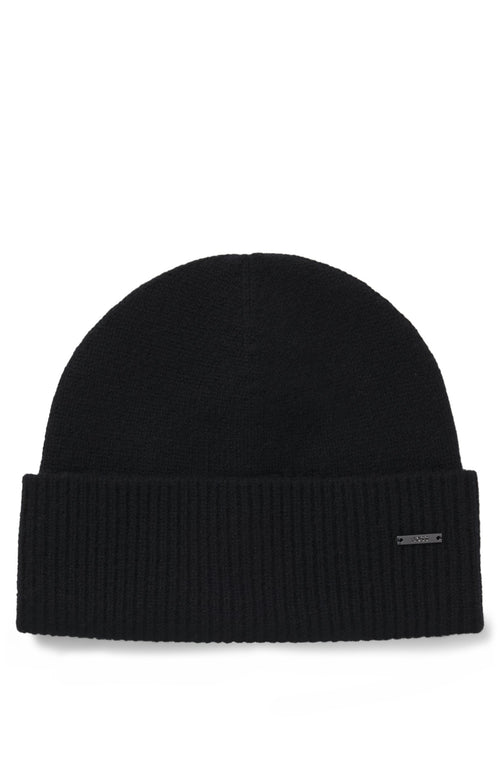 Boss Knit cashmere beanie with metal logo plaque