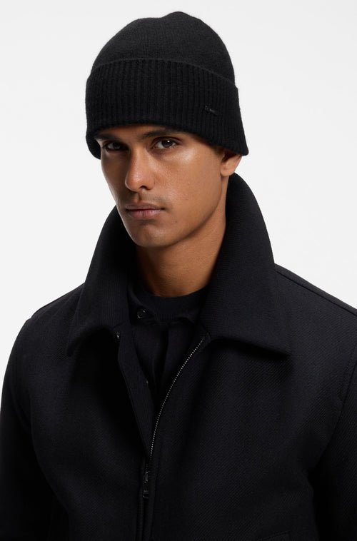 Boss Knit cashmere beanie with metal logo plaque