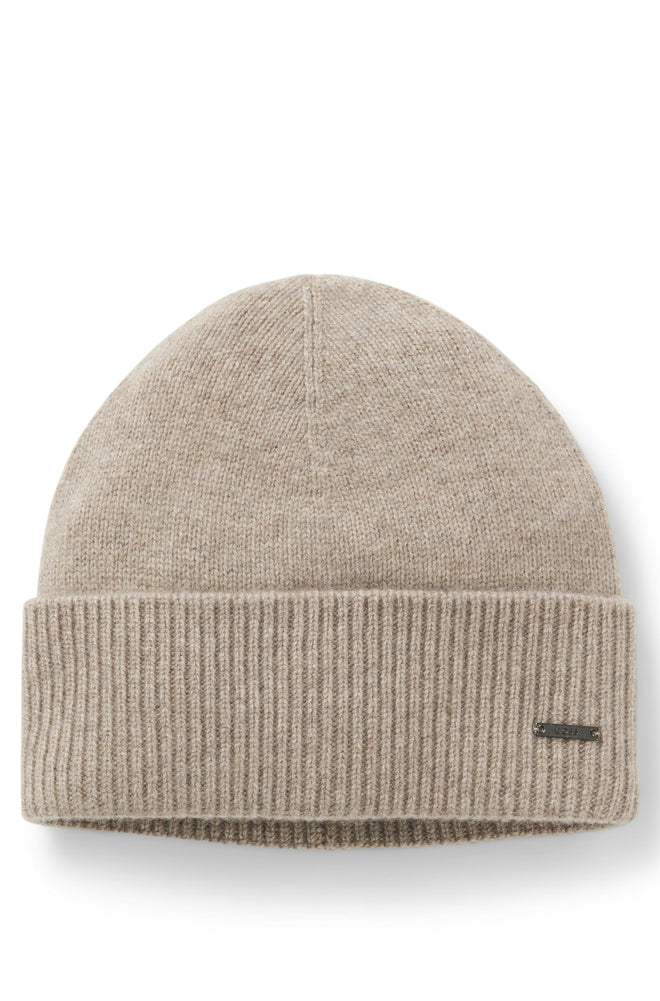 Boss Knit cashmere beanie with metal logo plaque
