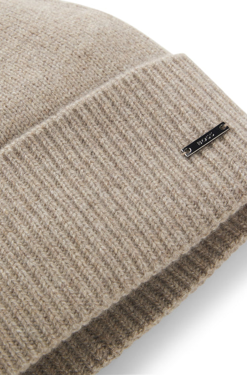 Boss Knit cashmere beanie with metal logo plaque
