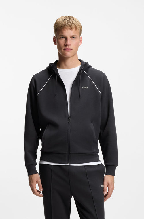 Create easy sporty looks with the contrast piping and logo of this BOSS Menswear zip-up hoodie. Straight fit. Stretchy piqué.
